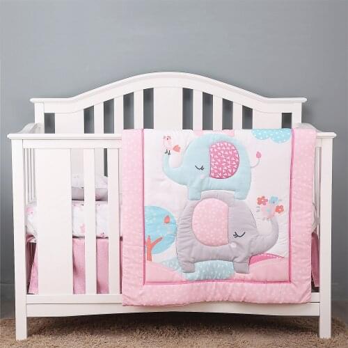 3PCS Pink Elephant Crib Baby Bedding Set Crib Bed Linen Toddler Bedroom Room Decor ,Fitted Sheet, Crib Quilt, Dust Ruffle