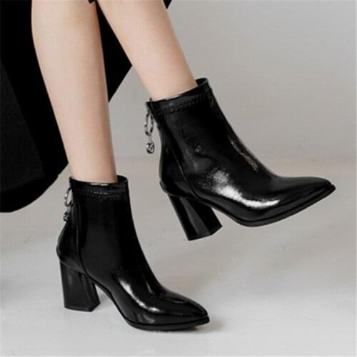 Fashion Pointed Toe Thick Heel Women Boots Back Zipper Ladies Ankle Boots 2021 New Basic Autumn Winter Boots Female Black White