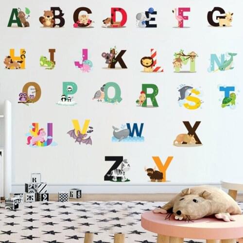 Cartoon 26 Animals Alphabet Wall Stickers for Kids Room Decoration Decals Baby Nursery Living Room Home Decor Murals Poster DIY