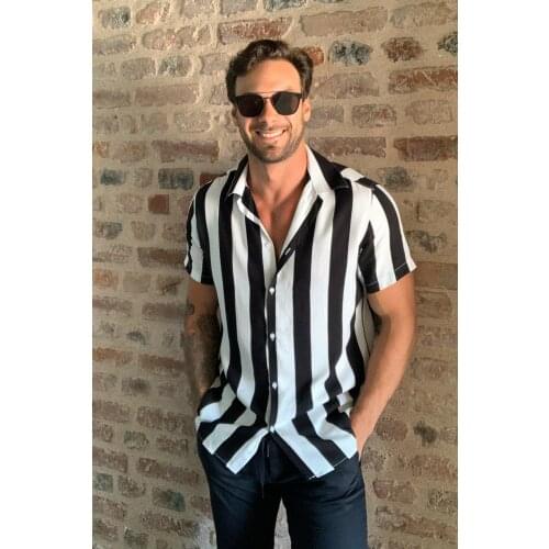 Mens Regular Fit Apaş Collar Patterned Short Sleeve Draped Shirt Viscose Striped Trend