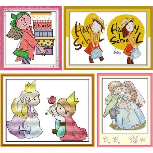 Cross Stitch Kit Cartoon Boy and Girl Stamped Patterns Counted 11CT 14CT Printed Handmade Needlework Embroidery Decor Art Sewing