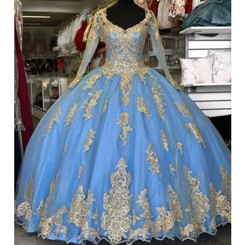 Sky Blue Sweet 16 Quinceanera Dresses Long Sleeves Beaded gold Lace Appliqued Corset prom Ball Gown Vestido De 15 Anos