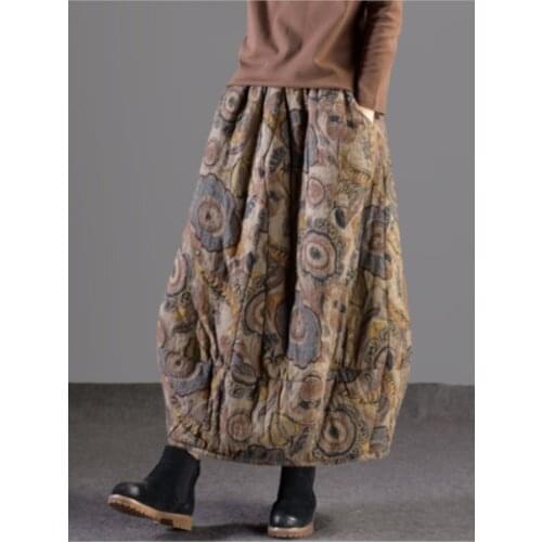 Autumn Winter Skirt Retro Women Elastic Waist Loose Skirt Print pocket Thicker Warm Ladies Blended Casual Skirt 2020