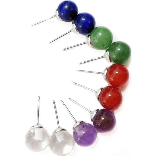 Natural Lapis Aventurine Carnelian Agate Amethyst Quartz Crystal Round Sphere Ball Beads Stones Stud Earrings 1 Pair