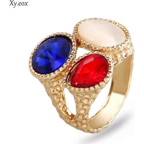 Luxury Vintage Boho Gold Color Alloy Ring Big Gem Mosaic Crystal Rings