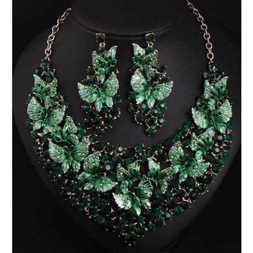 Luxury Green Necklace Earrings Butterfly Jewelry Sets Statement Choker Brides Gift Women Wedding Party Indian Costume Jewellery