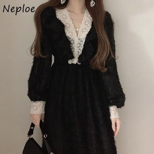 Neploe Korean Chic Autumn Retro V-neck Vestidos Lace Stitching Woman Dress Heavy Industry Raw Edge Design High Waist Long Robe