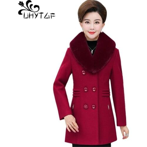 UHYTGF Coat female luxury fur collar casual autumn winter wool coat double-breasted slim elegant womens jacket 5XL plus size 541