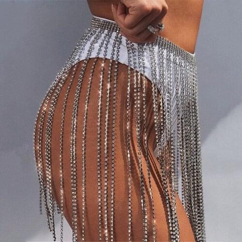 Rhinestone Short Skirt 35cm full Crystal Womens Waist chain Glitter Long Tassels Mini Body jewelry sexy Bikini Hip skirt
