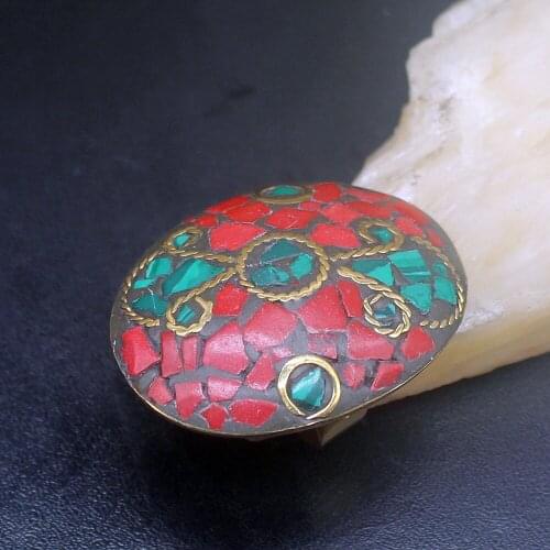 Gemstonefactory Jewelry Big Promotion Single Unique Yellow Gold Plated Handmade Malachite Coral Women Men Gift Rings 8# 20212703