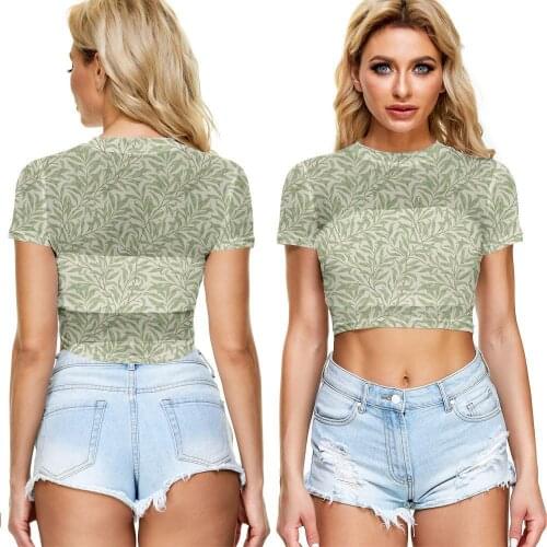 2021 Women Summer Casual Crew Neck Crop Tops Midriff-baring Short Sleeve Print Slim Fit T-Shirts Ladies Streetwear Fashion