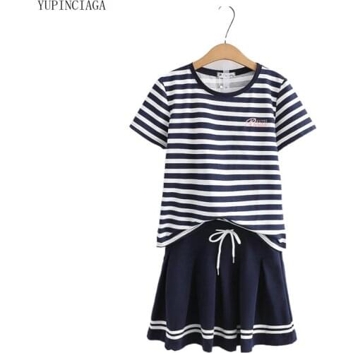 Womens Two Piece Set 2021 Summer Casual O-neck Striped Short-Sleeved T-shirt Loose Sweet Skirt Suit For Girl 2116376