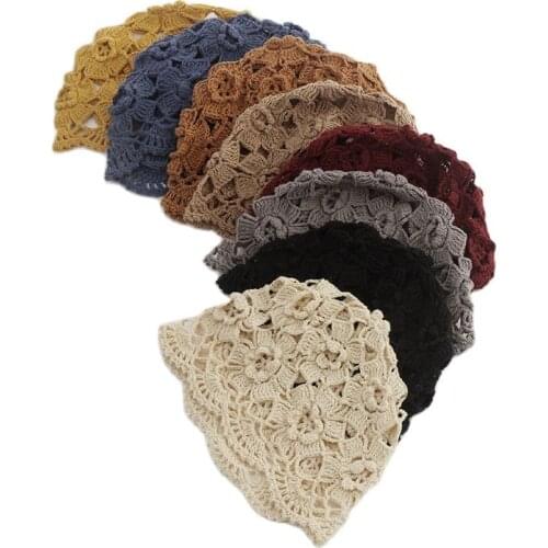 Female Girls Crochet Handmade Beret hat Knitted hat Beanies Caps Autumn Hollow-out design French artist hat Gorros