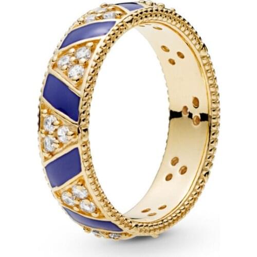 2019 Clear CZ Stones & Blue Color Enamel Stripes Rings for Women Fine Charm Golden Shine Jewelry Sterling Silver 925 Women Rings