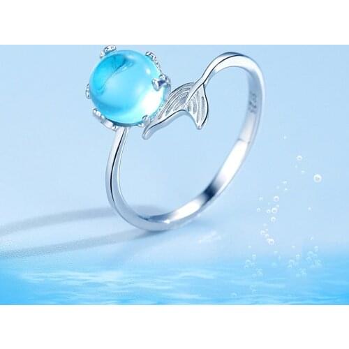 90% OFF Boho Female Small Mermaid Tail Ring Real 925 Sterling Silver Engagement Ring Luxury Blue Stone Open Rings For Women