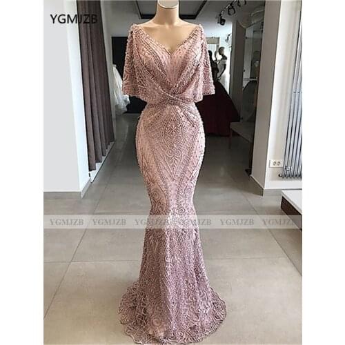 Dubai Women Formal Evening Dresses 2021 Mermaid Lace V-Neck Floor Length Long Prom Party Gowns With Pearls Custom Made
