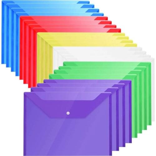 6 Pack Poly Document Folder with Snap Button Assorted Plastic Envelopes, Watertear Resistant A4 Size Translucent Paper Organizer