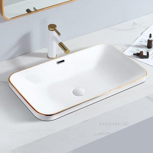 5 Sizes White Ceramic Bathroom Sinks Modern Golden Edge Washing Sink Simple Embedding Into Toilet Washbasins Square Wash Basin