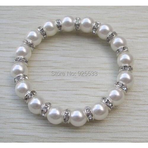 Free Shipping Fashion Jewelry Stretch 10MM Round White Pearl White Crystal Rhinestone Bracelet