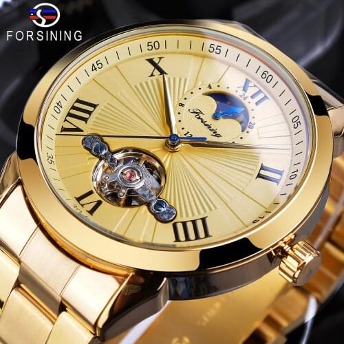 Forsining Royal Golden Mens Mechanical Watch Tourbillon Moon Phase Automatic Roman Dial Steel Belts Watches Clock Relojes Hombre