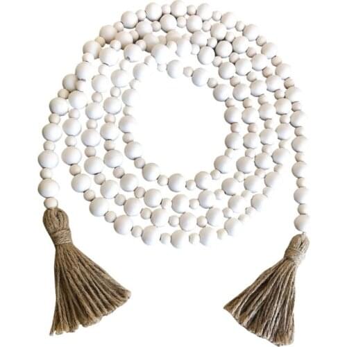 Wood Bead Garland with Tassels Rustic Country Decor Farmhouse Beads Prayer Boho Beads Rattan Basket Wall Hanging Decoration