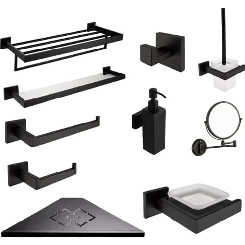 Paper Holder Bathroom Mirror Square Hook Bathroom Accessories Set 304 Stainless Steel Black Soap Dispenser Bathroom Hardware Set