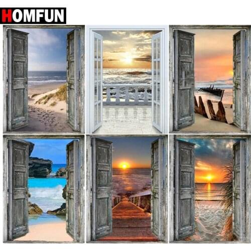 HOMFUN 3D Diamond Painting Sea beach sunset gate" DIY Full Rhinestones Drill Cross-stitch Kits Square Round Diamond Embroidery