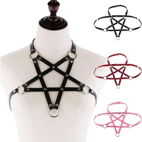 InsGoth Punk Streetwear PU Leather Pentagram Belt Gothic Black Leather Bodycon Slim Belts Sexy Leather Bandage Harness Bra Belts