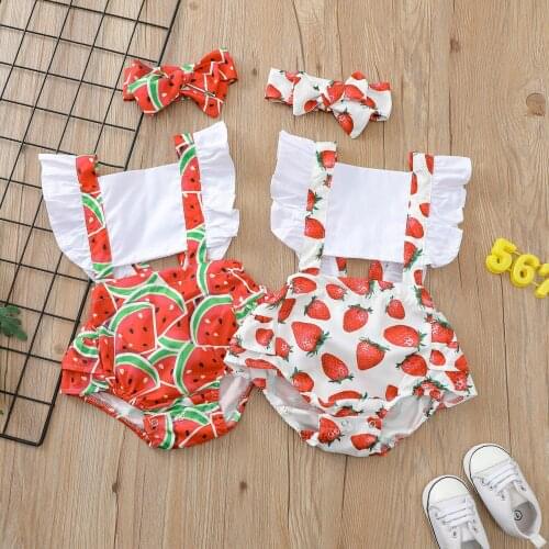 2021 Newborn Baby Girls Clothing Romper Headband 2pcs Watermelon/Strawberry Print Backless Ruffles Short Sleeve Jumpsuits