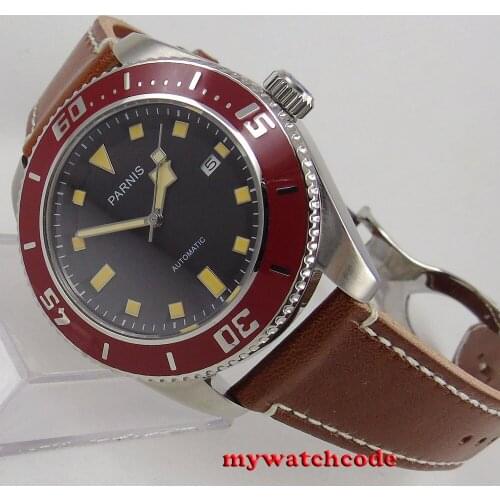 43mm parnis black dial date 21 jewels miyota 8215 automatic movement mens watch