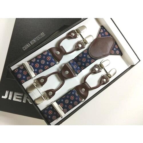 Man Suspenders Genuine leather Jacquard weave Mens braces 6 clips elastic suspenders adult quality braces