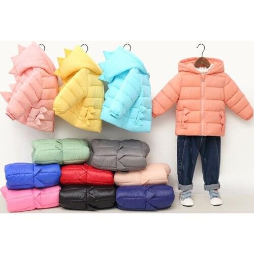 New Winter Childrens Down Padded Jacket Cute Cartoon Dinosaur Shape Girls Warm Cotton Coat Boys Hooded Candy-colored Overwear