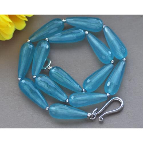 Z10975 17"~50" 28mm Blue Teardrop Faceted Aquamarine Jade Bead Necklace