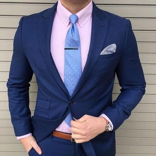 Custom Blue Tuxedo for Wedding Men Suits 2Pieces Business Blazer Peak Lapel Costume Homme Party Suits(jacket+pant)