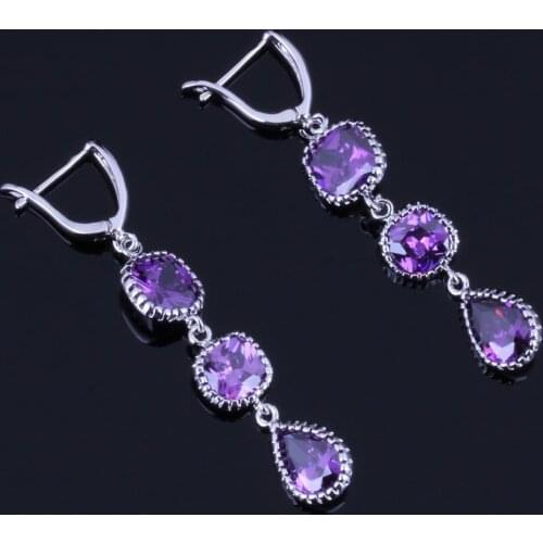 Awesome Water Drop Purple Cubic Zirconia Silver Plated Drop Dangle Earrings V0841