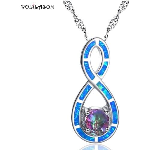 ROLILASON Character shape for Women Blue fire opal multicolor zircon silver Necklace Pendant Fashion Jewelry OP786