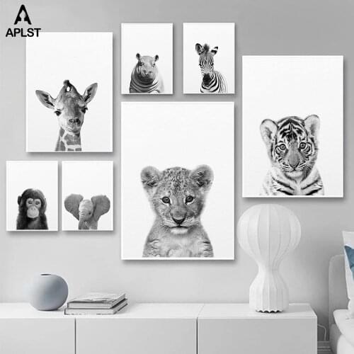 Safari Baby Animal Nursery Poster Black White Lion Tiger Zebra Giraffe Elephant Canvas Painting Kids Child Bedroom Print Picture