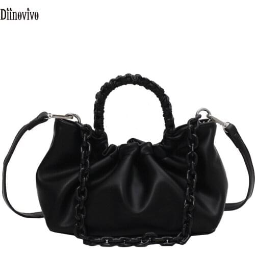 Diinovivo Trendy Pleated Women Bags Thick Chain Designer Shoulder Crossbody Bags Solid Color PU Female Small Handbags WHDV1849