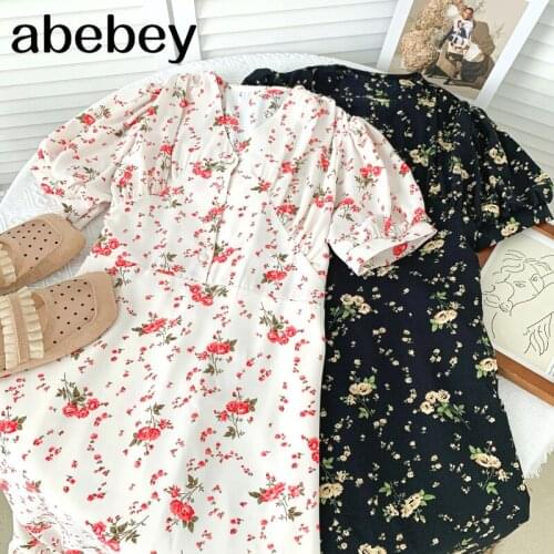 2021 New Summer Fashion All-match V-neck puff sleeve Dress bandage waist loose casual ruffles Floral Dress