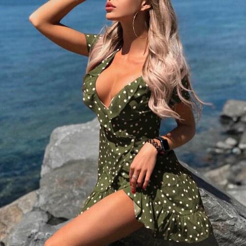 New Women V-Neck Short Sleeve Summer Boho Printed Beach Casual Loose Mini Shirt Beach Dress