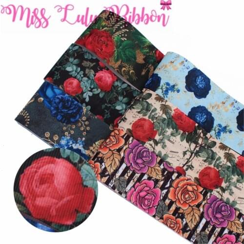 16mm-75mm Retro Flower Series Geometric Stripes Printed Grosgrain/Elastic Ribbon Blue Rose DIY Hair Bowknots 50yards/roll