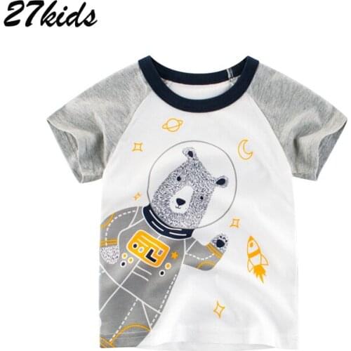 27kids 2-9Years Cartoon Bear Spaceman Children Kids Boys Tops Tees T Shirt Cotton Baby Girls Short Sleeve Clothes Summer Shirts