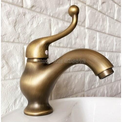 Antique Brass Single Handle Bathroom Basin Faucet Mixer Sink Taps Deck Mounted Cold and Hot Water Faucets Wnf394