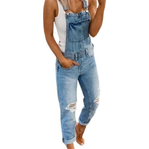 Women Jumpsuit Spring Summer Solid Color Slim Dungarees Sleeveless Pockets Ripped Holes Suspender Overalls Streetwear 4XL
