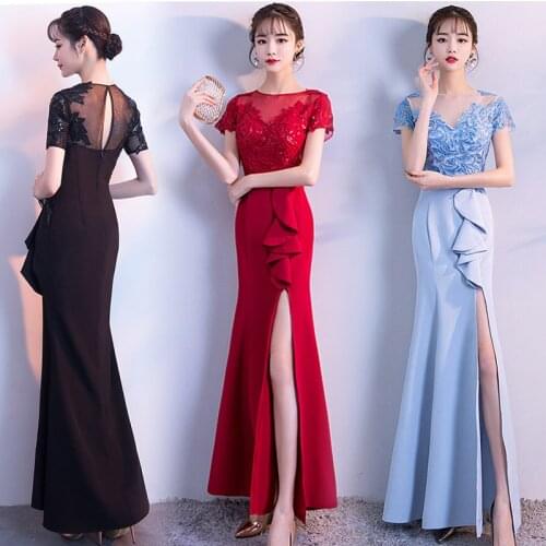 Summer Formal Fashion Elegant A-Line Short Sleeve Ankle-Length Show Off Embroidery Black Red Blue Simple evening Dresses 9648