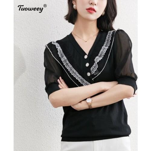 Summer Women Shirts 2021 Casual Chiffon Blouse White style Office V Neck patchwork Fashion Womens Clothing Blusas Mujer