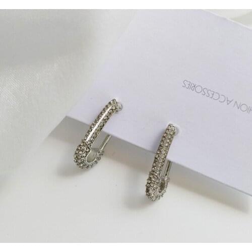 MOFLO Punk Gold Plated Safety Pin Earrings U shaped Rhinestone Crystal Hoop Wedding Paperclip Earrings