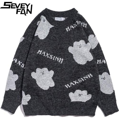 SEVEYFAN Mens Cartoon Bear Printed Sweater Loose O Neck Knitwear Autumn Casual Pullover Sweaters for Couples