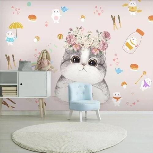Milofi custom 3D wallpaper mural modern minimalist cartoon kitten flower children room background wall decoration wallpaper