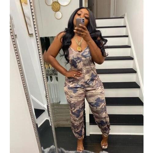 Sexy Loose Spaghetti Strap Casual Fitness Sportswear Fashion Camouflage Jumpsuit Overalls for Women